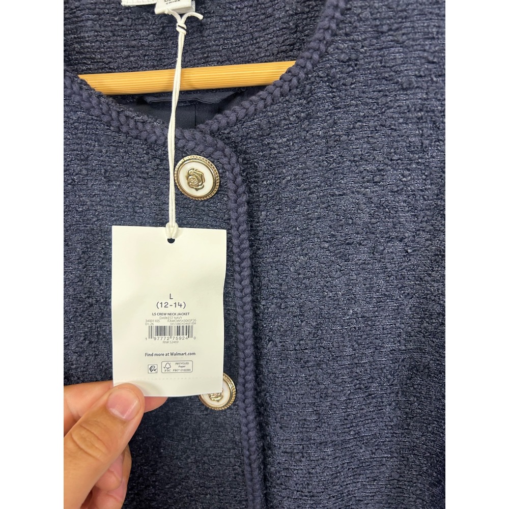 Old Money Free Assembly Womens L Navy Boucle Crew Neck Gold Button Crop Jacket - Picture 9 of 12